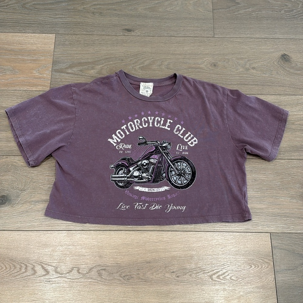 DIRTEE‎ LAUNDRY Acid Wash Purple Motorcycle Cropped Short Sleeve T-Shirt Size XL